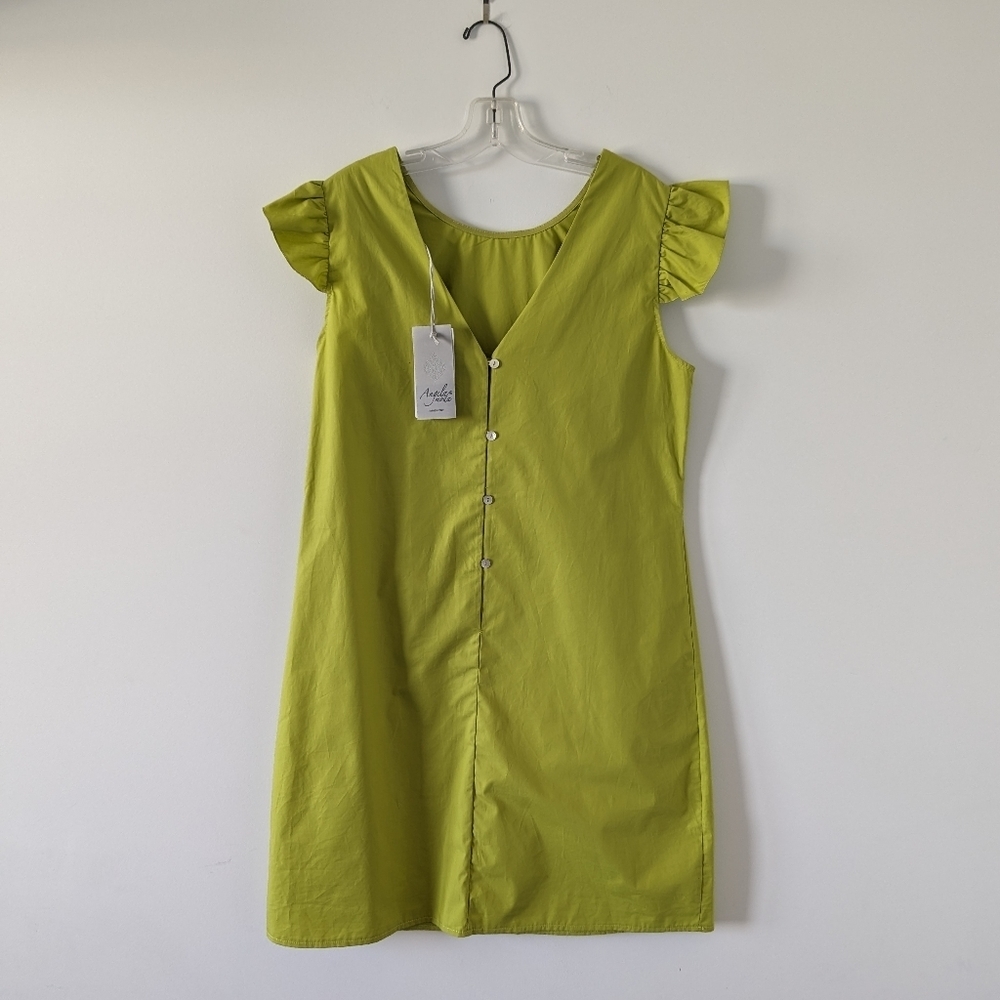 Angelos Moda Lime Green Cotton Dress Made in Italy, Size L Cap Sleeve V neck